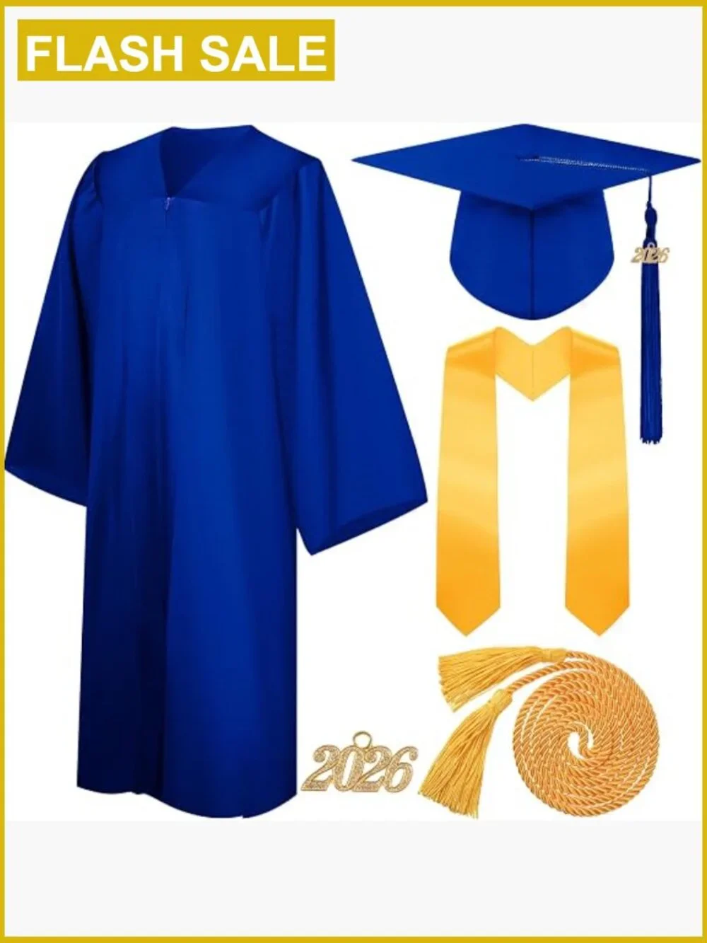 2026 Graduation Gown Cap Tassel Stole Honor Cord Set Unisex Size 51